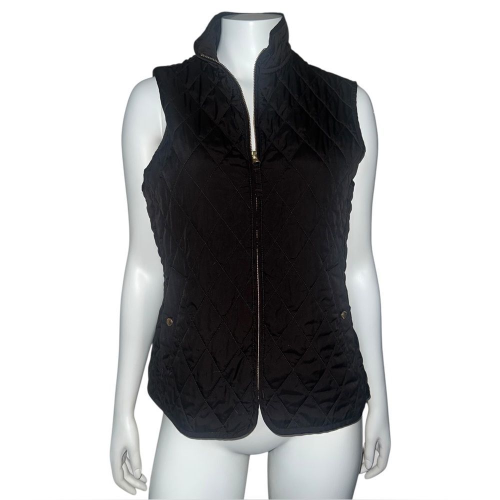 Land's End Women’s Dark Brown Quilted Puffer Vest Pockets Gold Hardware Medium